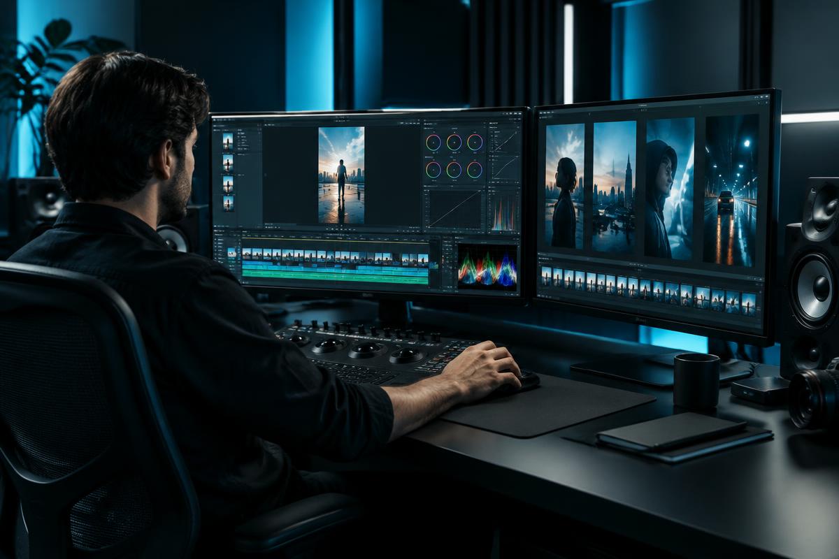 Editor working on a professional video timeline